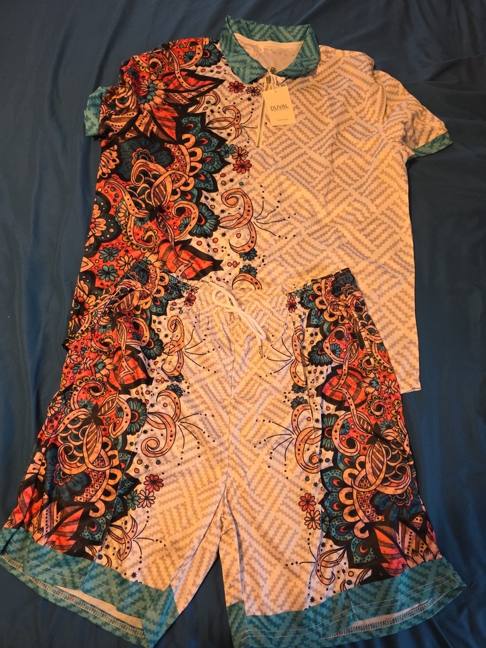 Floral-Print Men’s Short Set in Teal and Orange